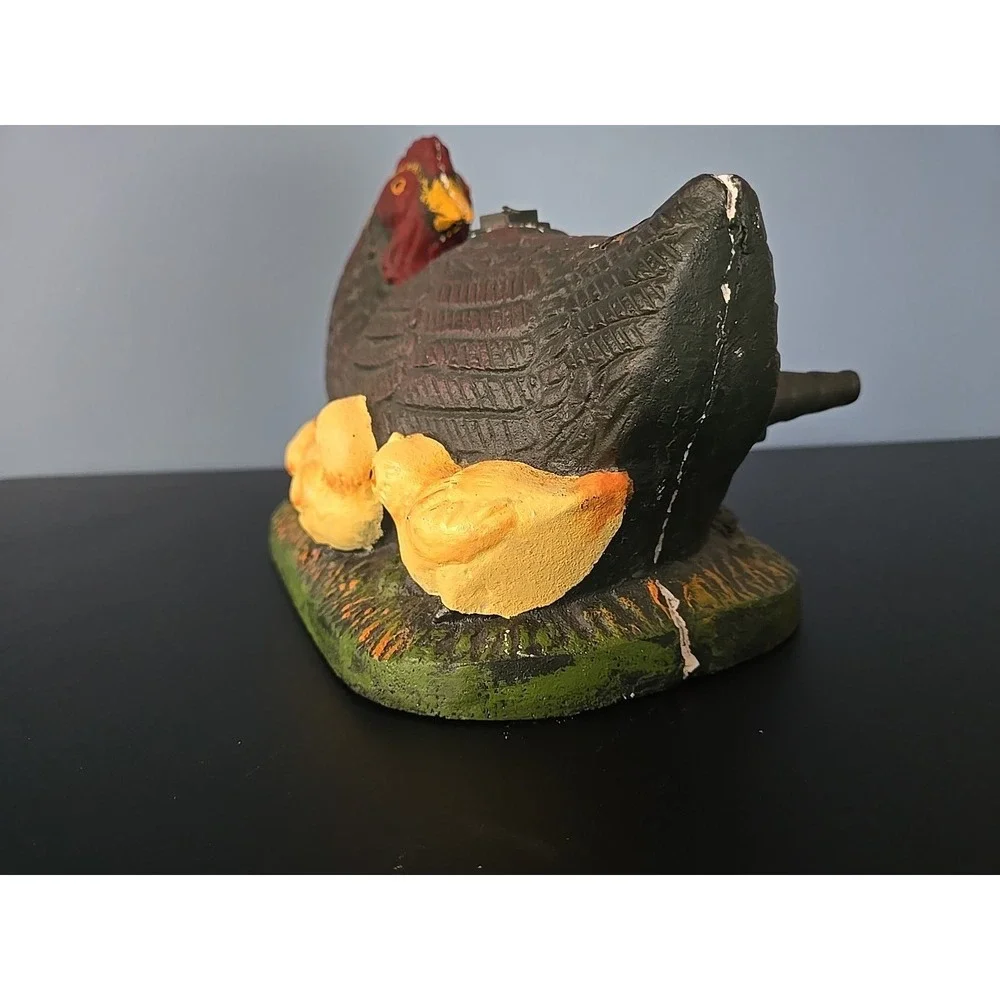Vintage Cast Iron Painted Chicken Hen & Baby Chicks Metal Doorstop